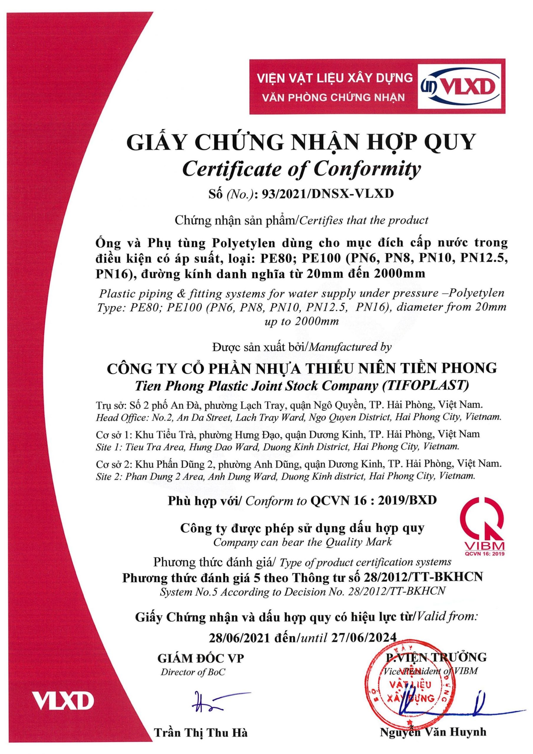 Giấy chứng nhận hợp quy của nhựa Tiền Phong